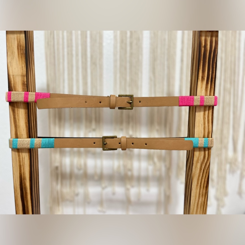 Belts! Set of 2 Brown Faux Leather Belts with Pink or Blue Details